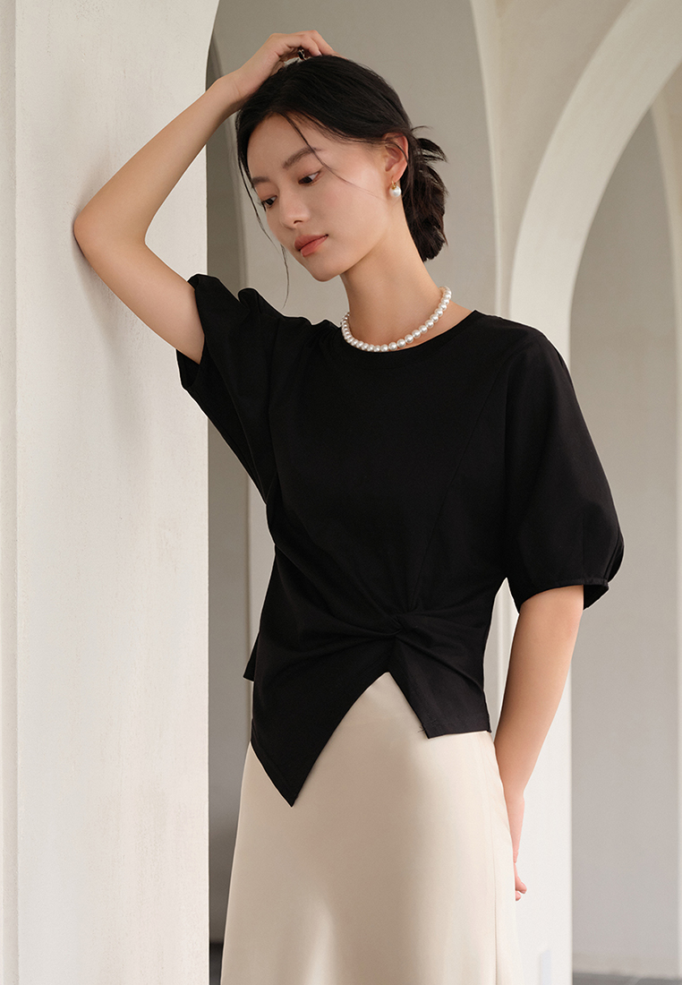 Summer knitted unique waist puff sleeve top CA25061716BK