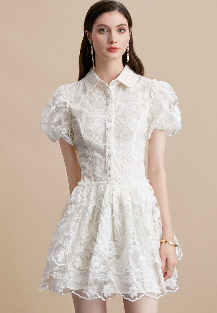 Summer Retro Lapel Embroidered Puff Sleeve A-Line Tiered Dress CA25091516W