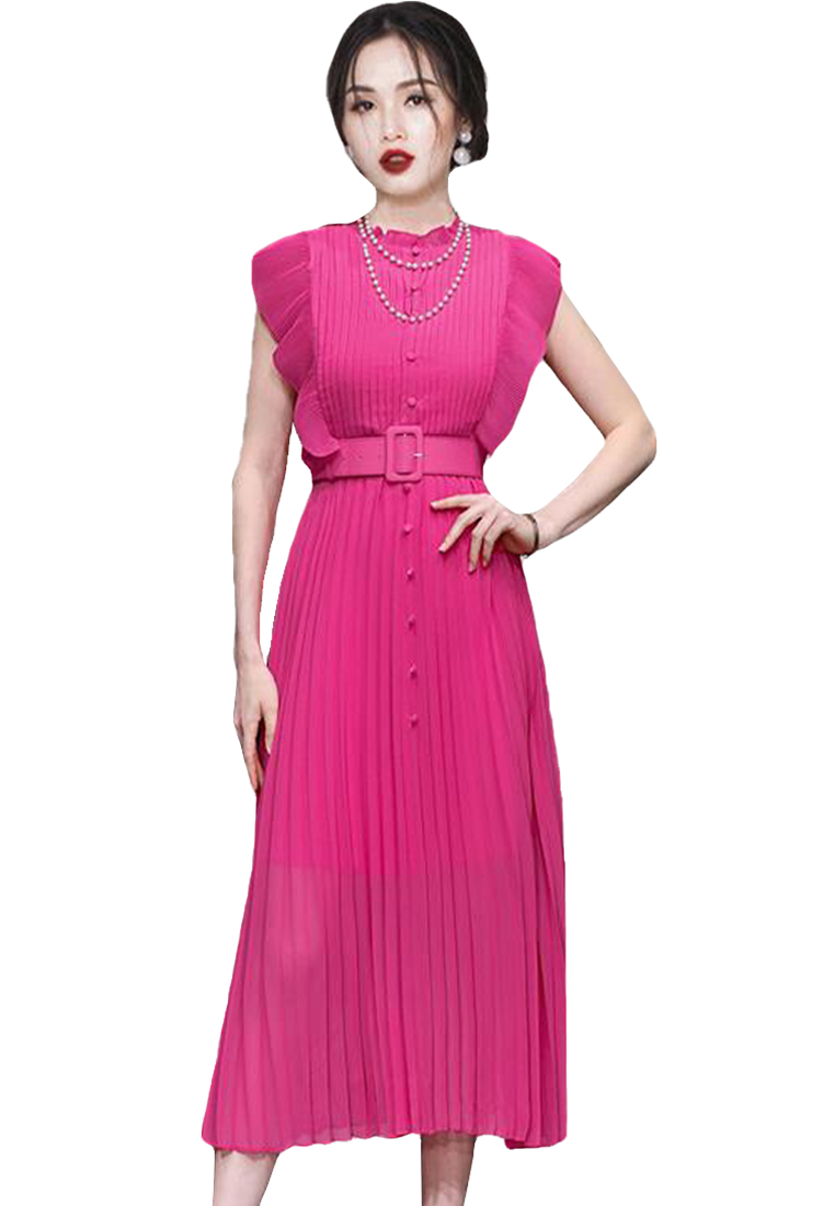 Temperament French pink chiffon dress pleated skirt A110616