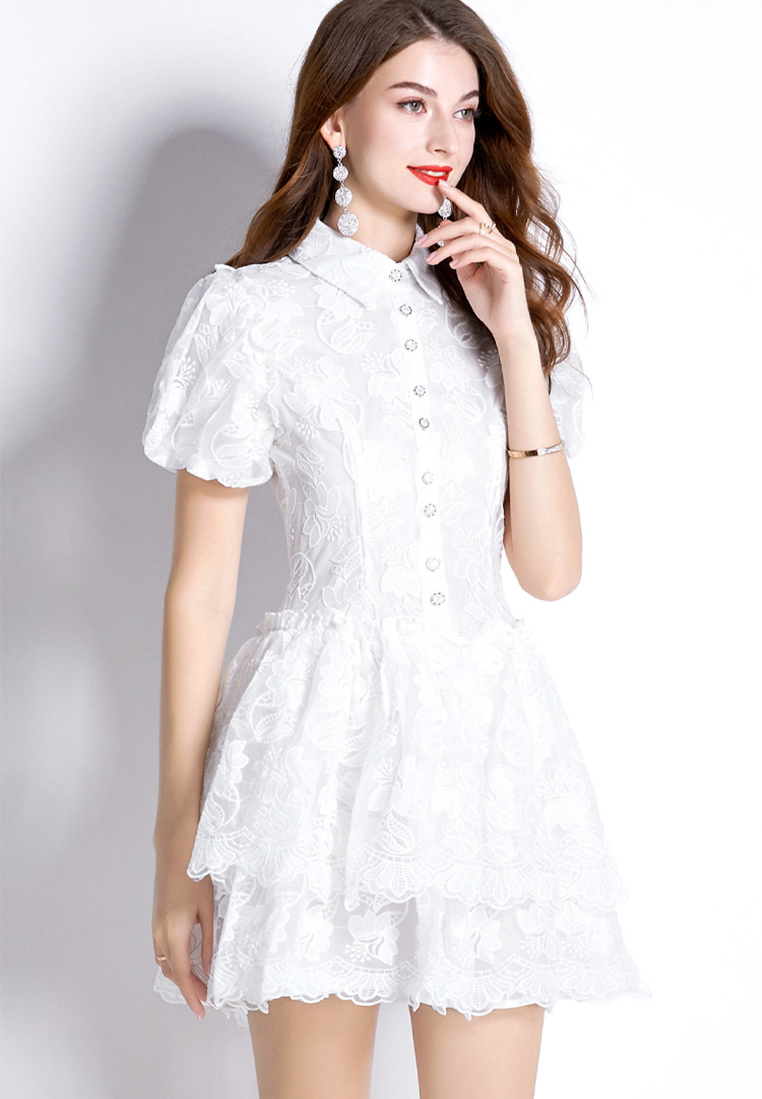 Summer Retro Lapel Embroidered Puff Sleeve A-Line Tiered Dress CA25091516W