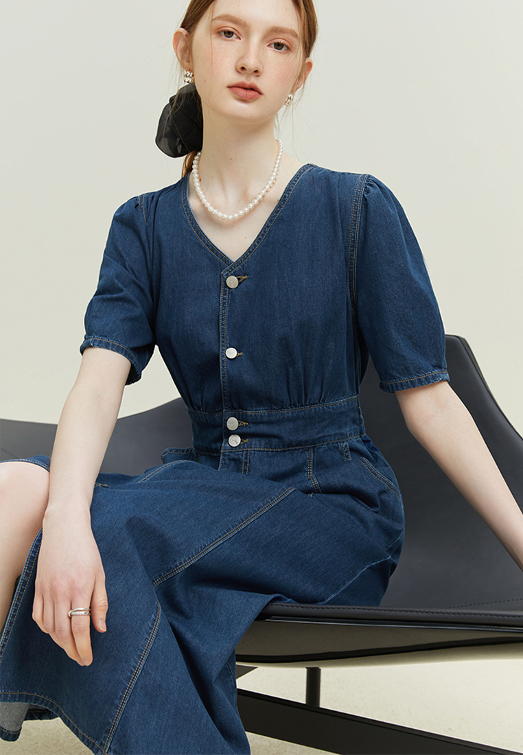 New V-neck denim maxi dress CA24030716