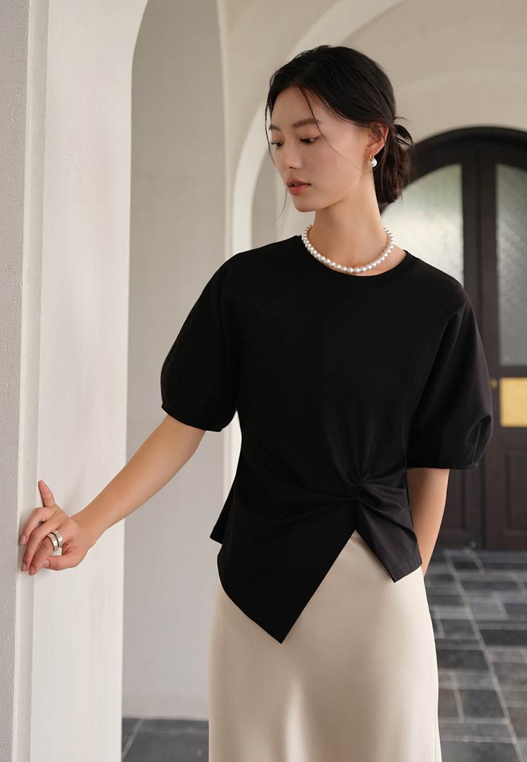 Summer knitted unique waist puff sleeve top CA25061716BK