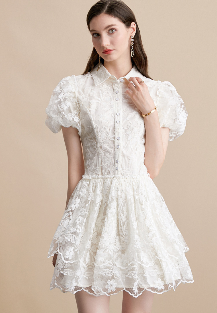 Summer Retro Lapel Embroidered Puff Sleeve A-Line Tiered Dress CA25091516W