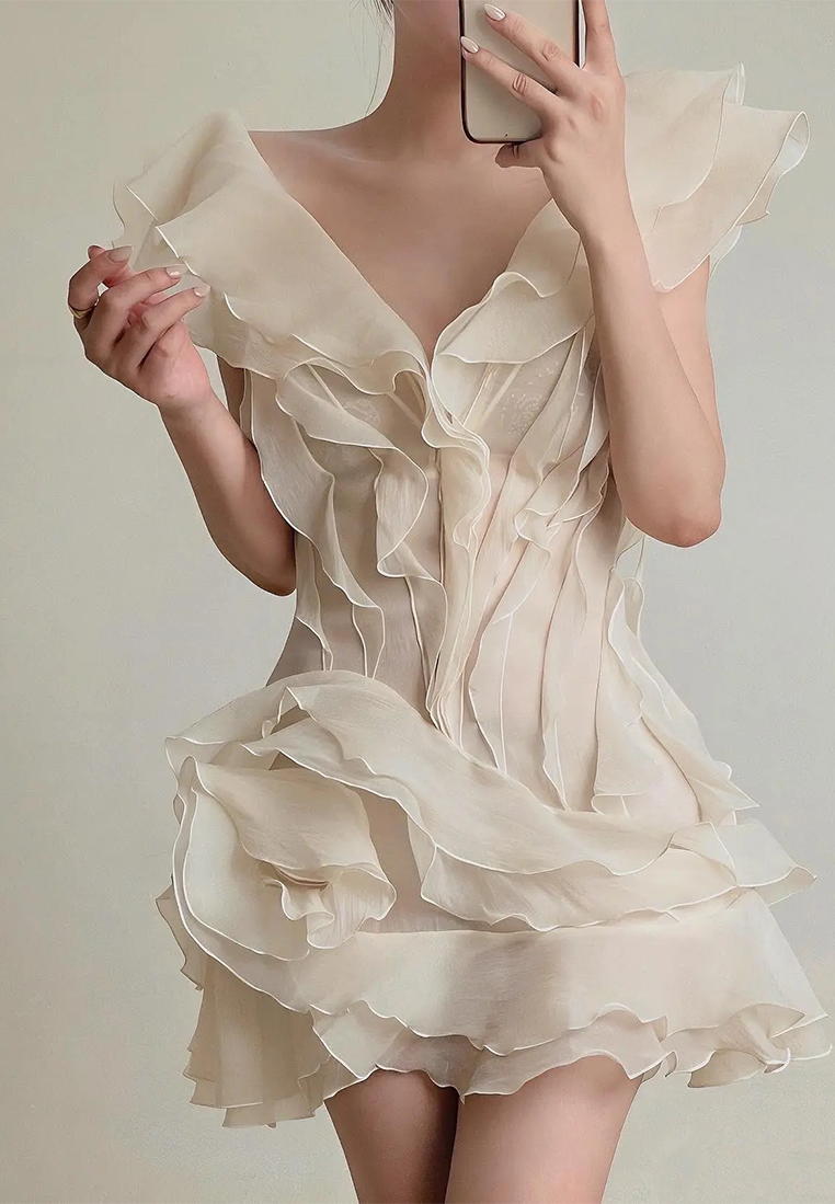 New style ruffled sexy V-neck one-shoulder dress CA25092516PI