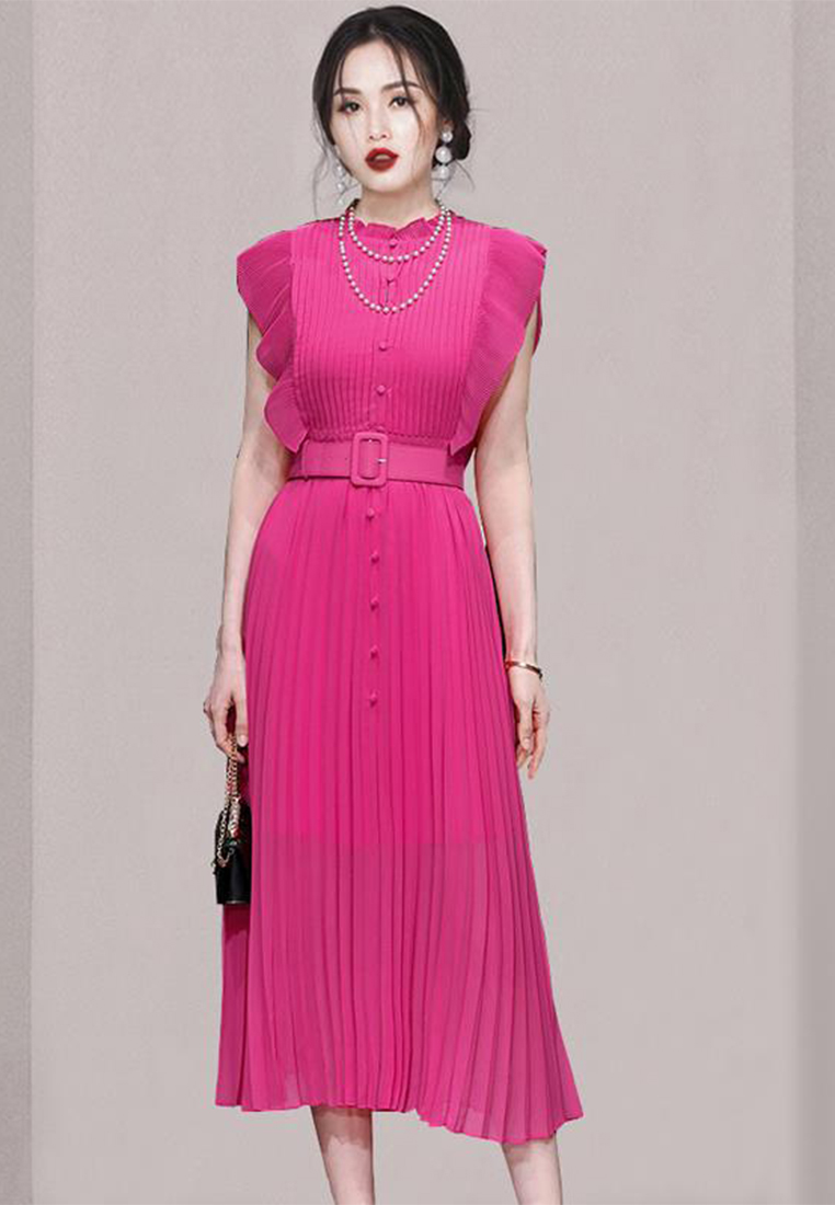 Temperament French pink chiffon dress pleated skirt A110616