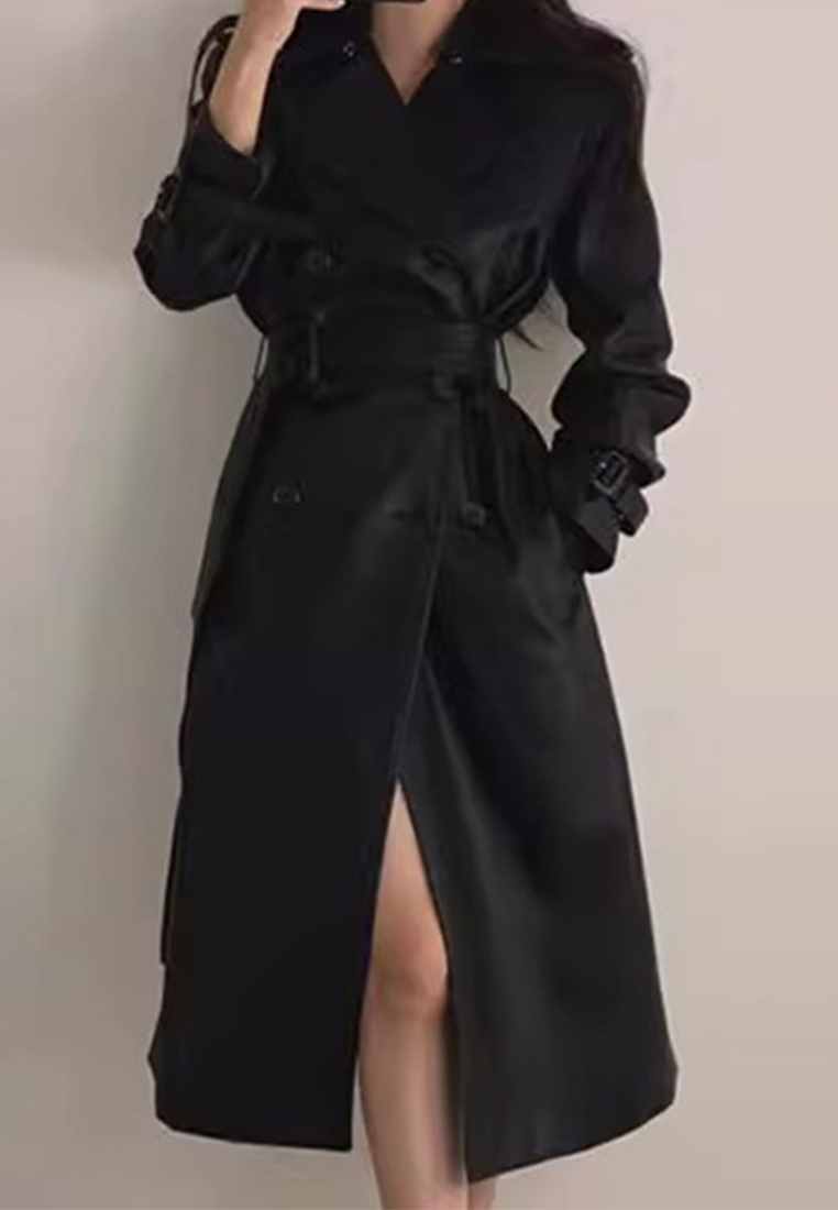 Retro versatile slim and long leather coat windbreaker CA241128116BK