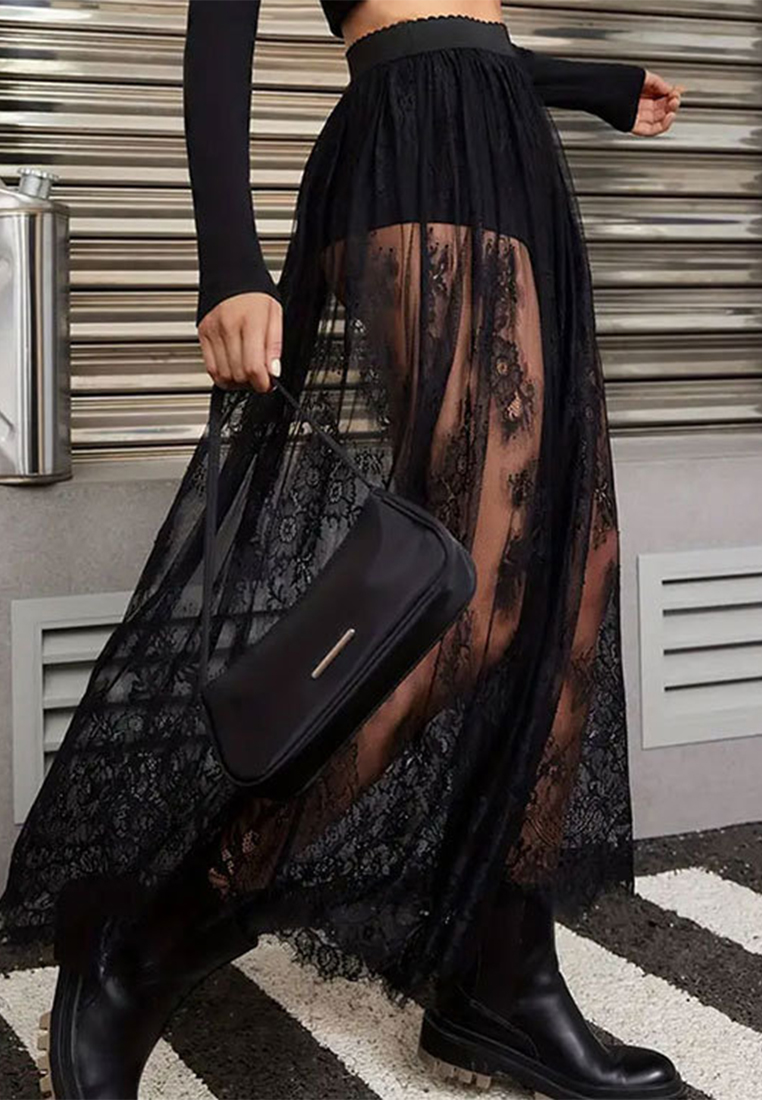 Summer new lace see through sexy midi skirt CA25042216BK