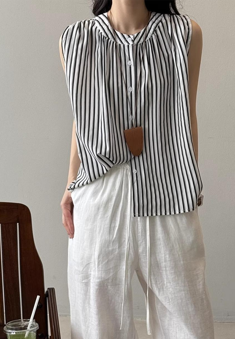 New retro vertical striped sleeveless cotton and linen shirt CA25070916MT