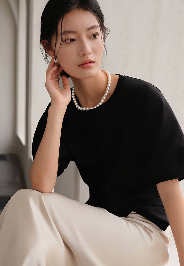 Summer knitted unique waist puff sleeve top CA25061716BK