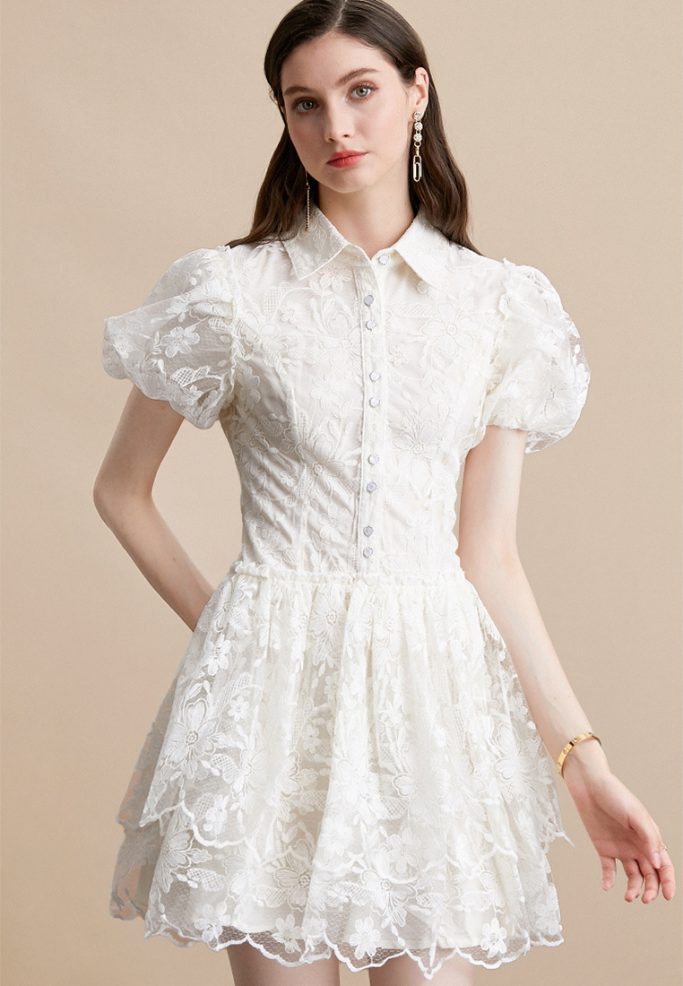 Summer Retro Lapel Embroidered Puff Sleeve A-Line Tiered Dress CA25091516W