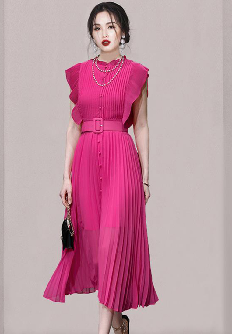 Temperament French pink chiffon dress pleated skirt A110616