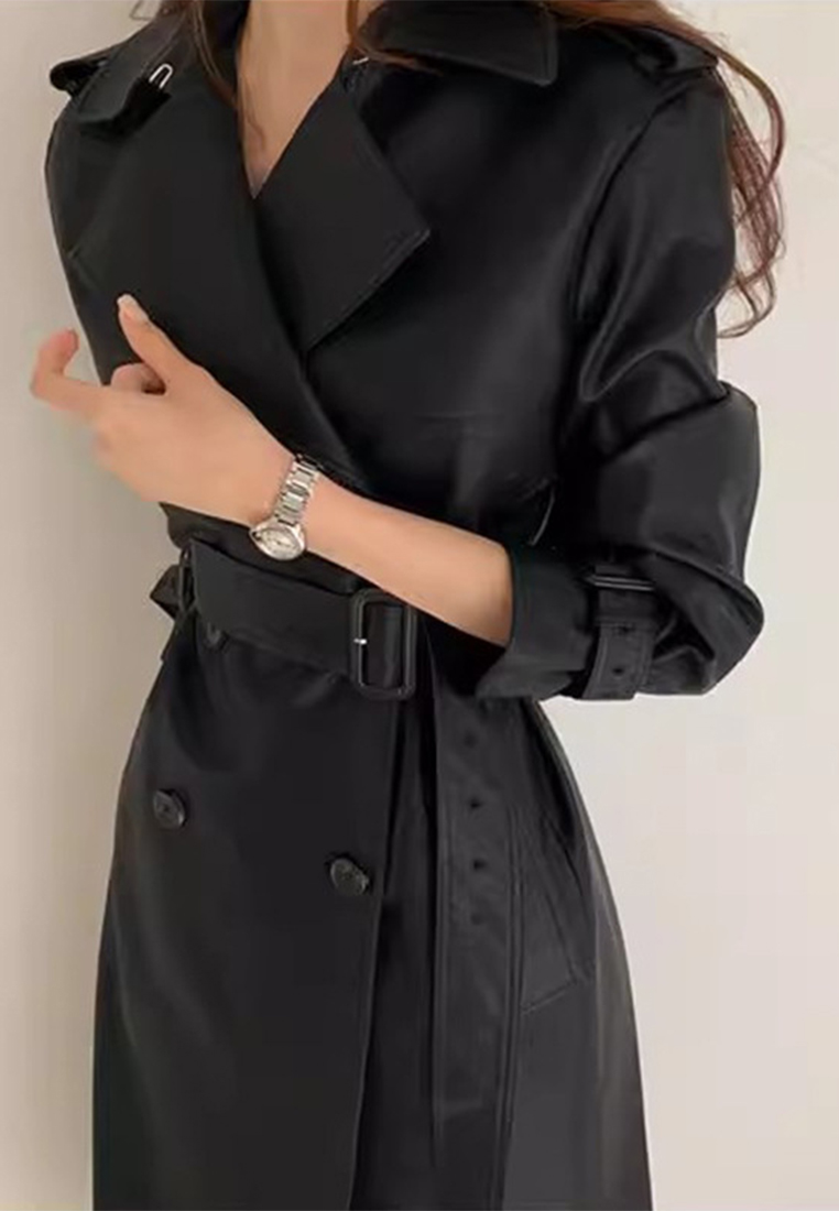 Retro versatile slim and long leather coat windbreaker CA241128116BK