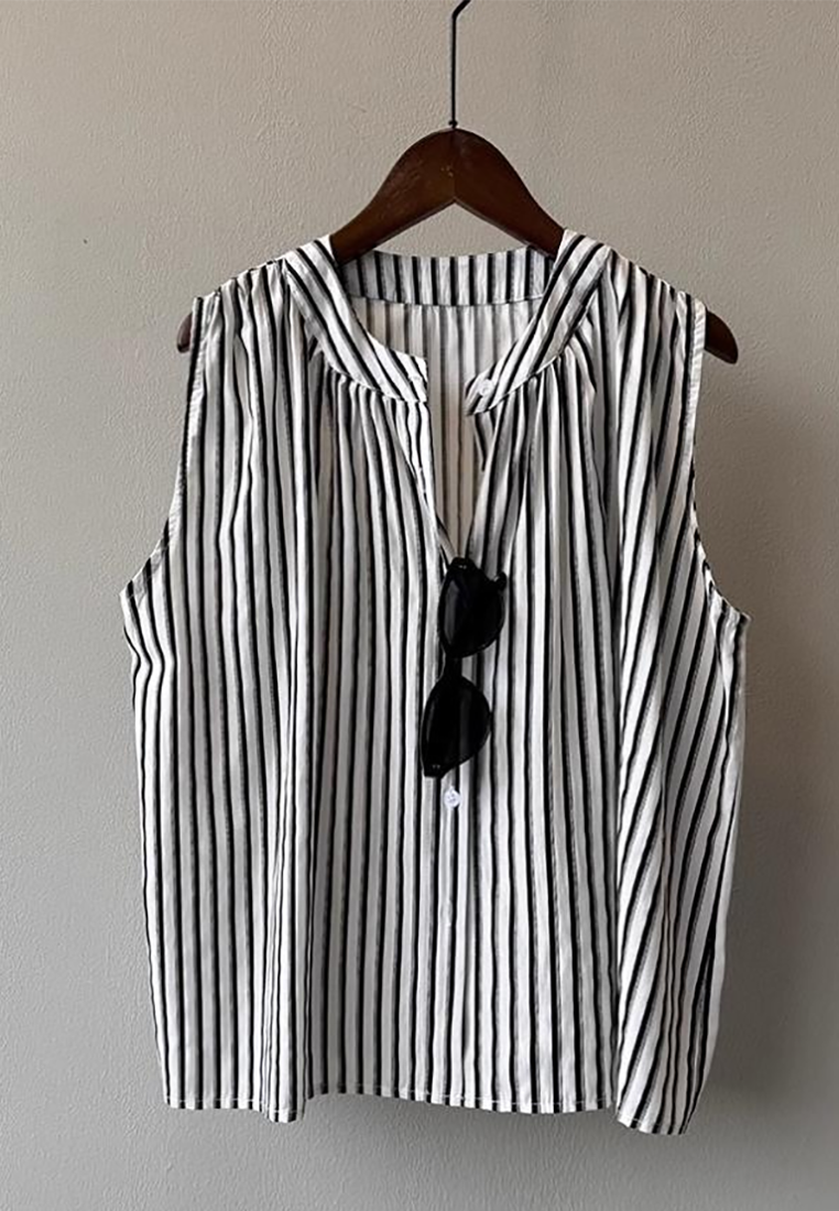 New retro vertical striped sleeveless cotton and linen shirt CA25070916MT