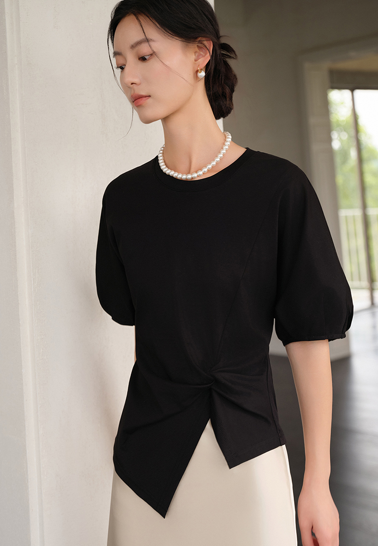 Summer knitted unique waist puff sleeve top CA25061716BK