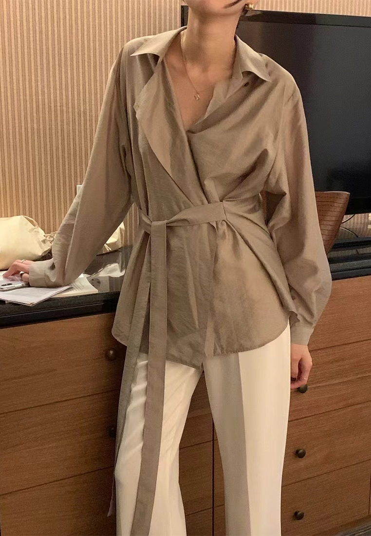 Fall French Retro Versatile Tie-Waist Shirt CA25090216BW