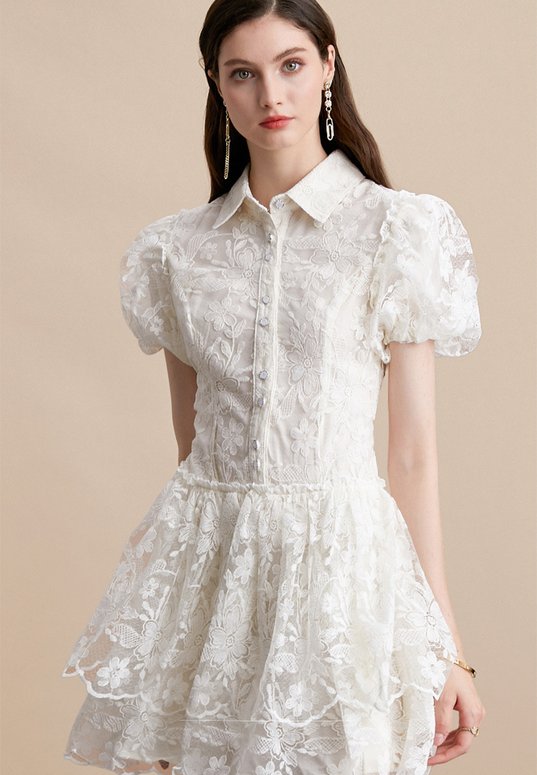 Summer Retro Lapel Embroidered Puff Sleeve A-Line Tiered Dress CA25091516W