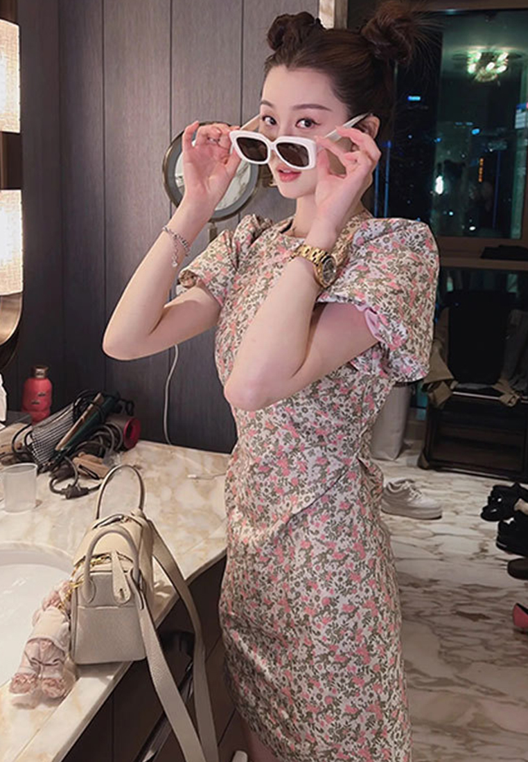 Fashionable Chinese retro buttoned floral cheongsam dress CA122716