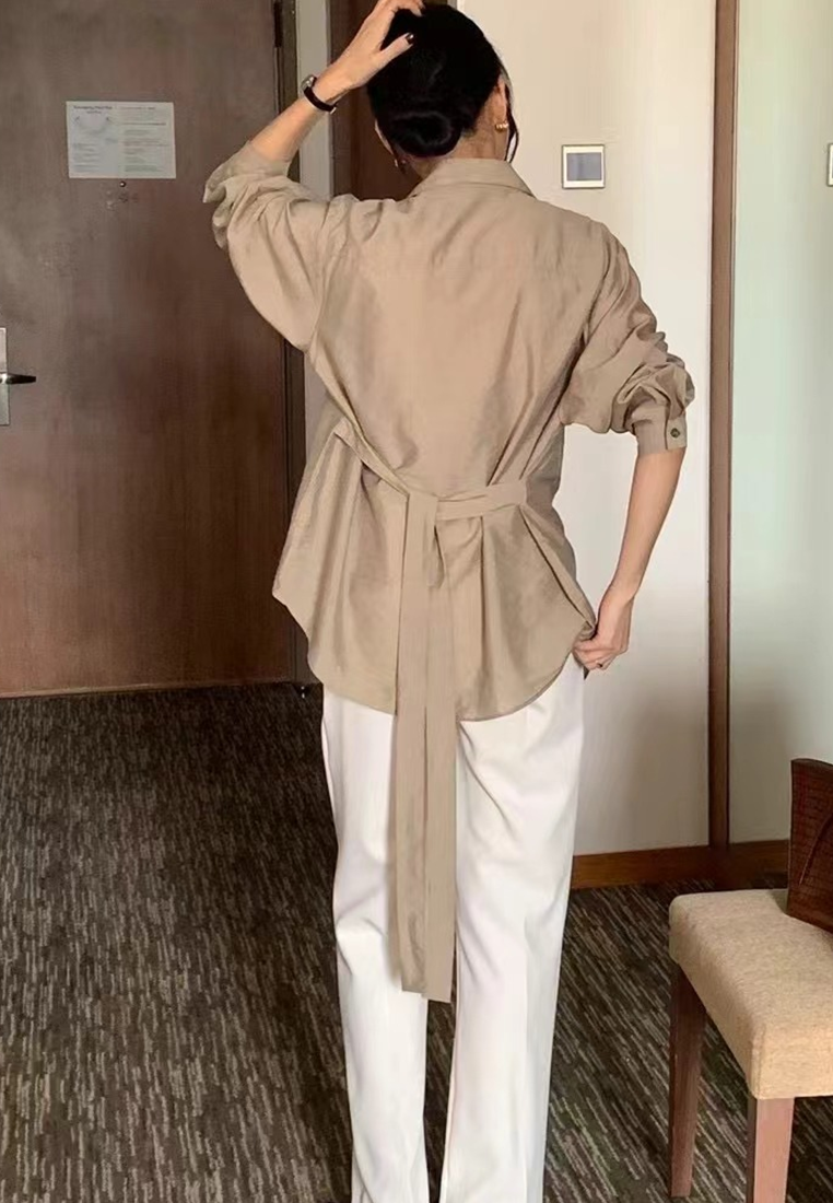 Fall French Retro Versatile Tie-Waist Shirt CA25090216BW