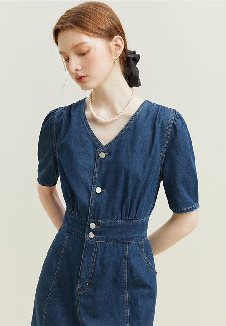 New V-neck denim maxi dress CA24030716