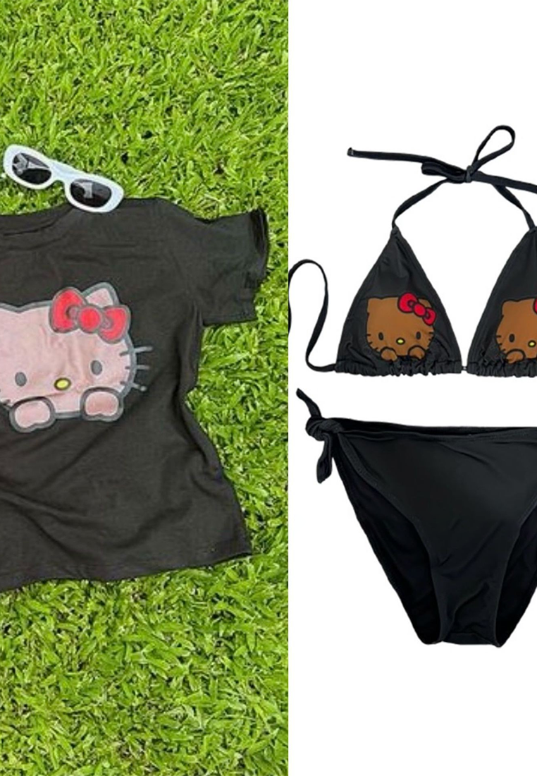 Three-piece kitty cartoon print short-sleeved swimsuit CA250523016BW