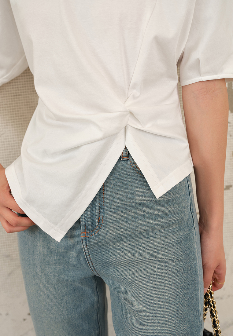 Summer knitted unique waist puff sleeve top CA25061716BK