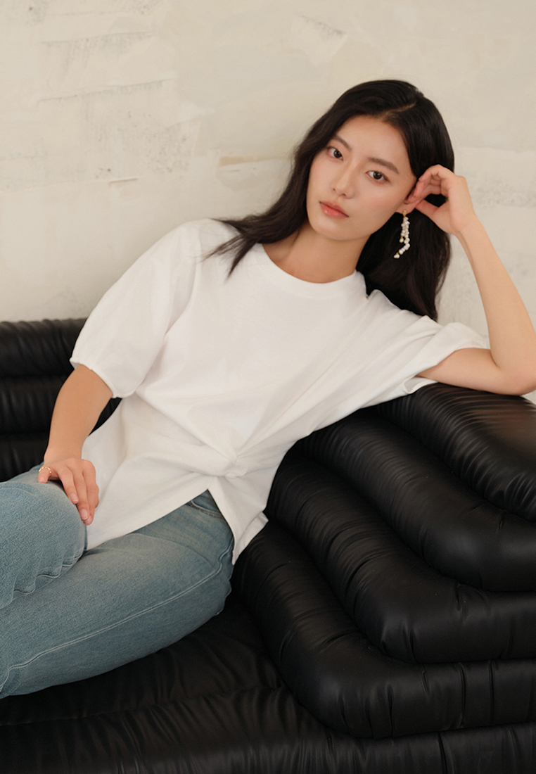 Summer knitted unique waist puff sleeve top CA25061716BK