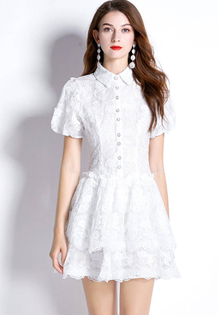 Summer Retro Lapel Embroidered Puff Sleeve A-Line Tiered Dress CA25091516W