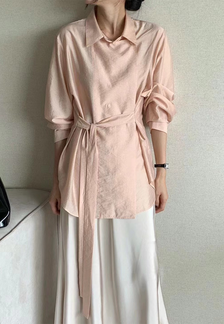 Fall French Retro Versatile Tie-Waist Shirt CA25090216BW