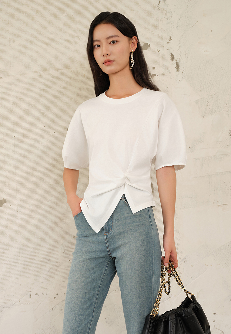 Summer knitted unique waist puff sleeve top CA25061716BK