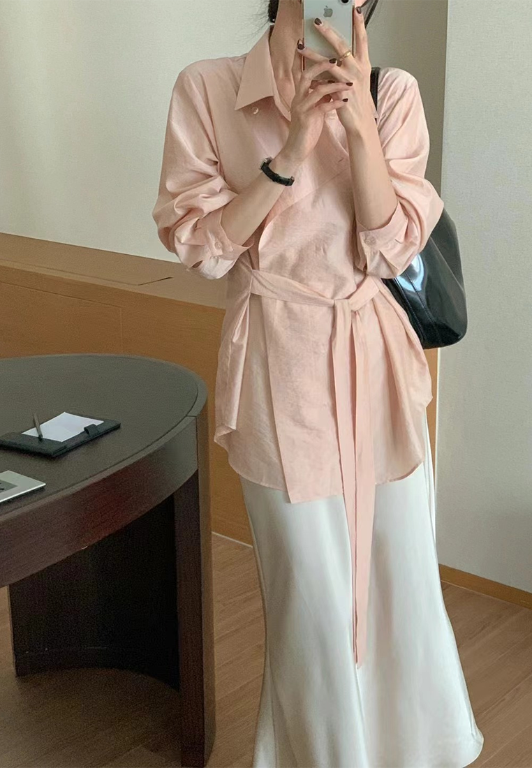 Fall French Retro Versatile Tie-Waist Shirt CA25090216BW