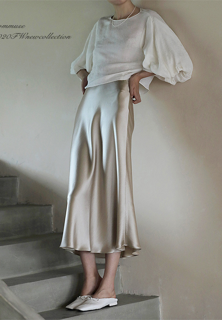 Summer Japan imported triacetate satin silky drape casual elasticated waist A-line skirt 5432