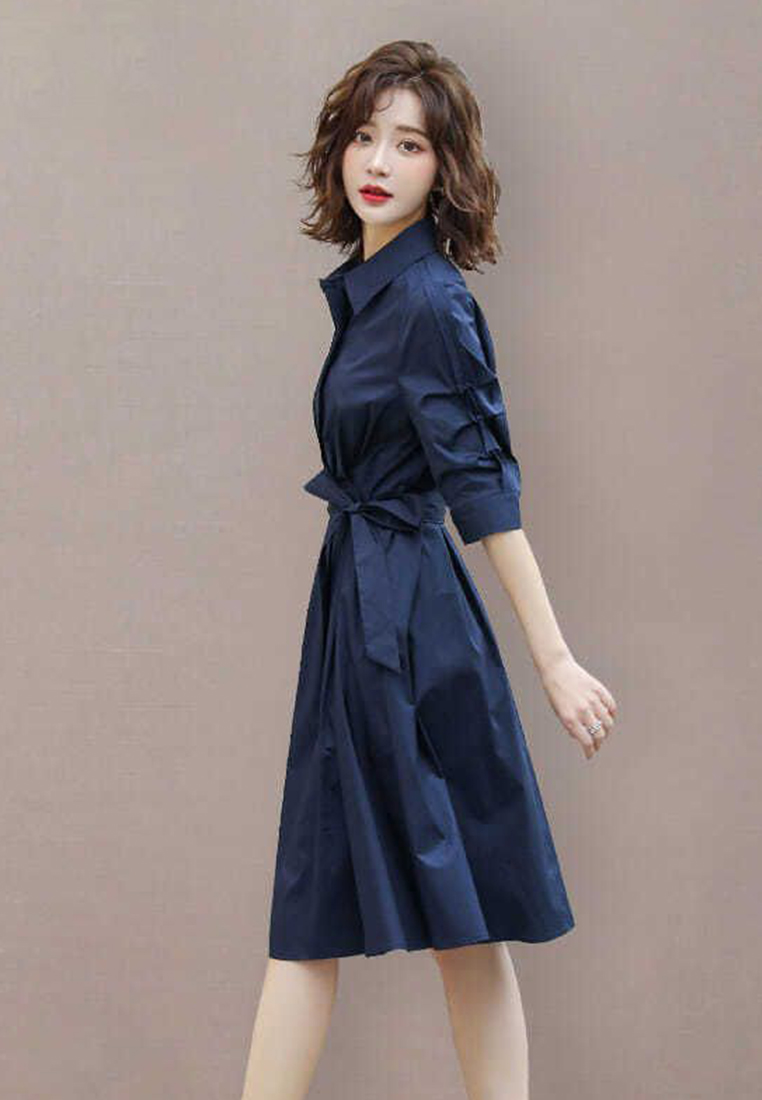 New style waist-cinching simple commuter shirt A-line dress