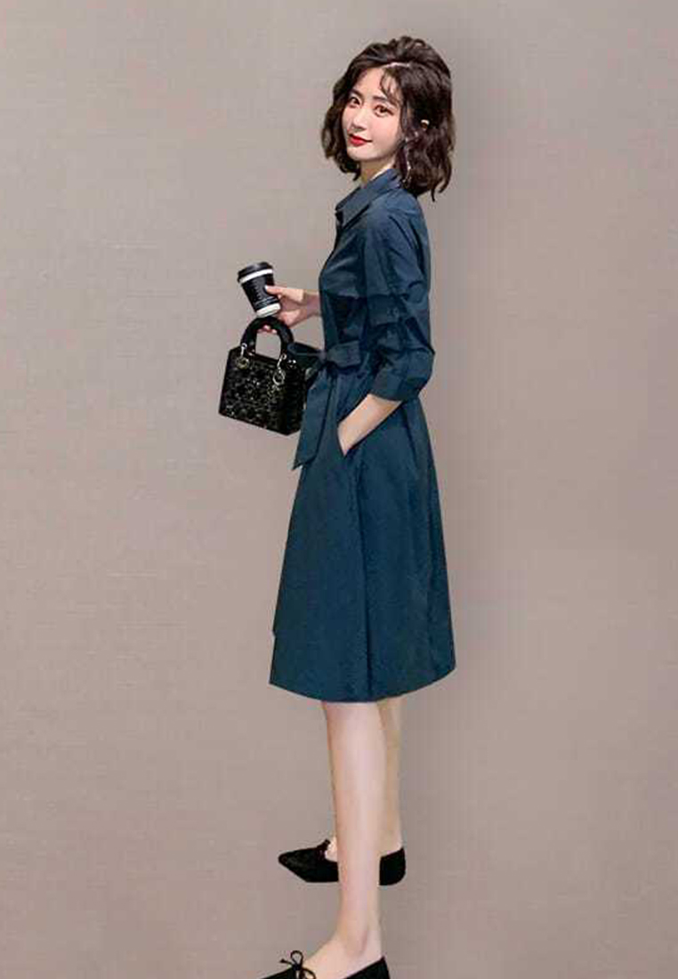 New style waist-cinching simple commuter shirt A-line dress