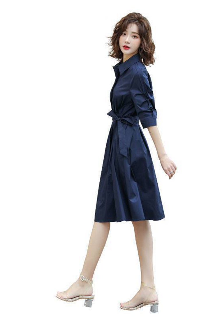 New style waist-cinching simple commuter shirt A-line dress