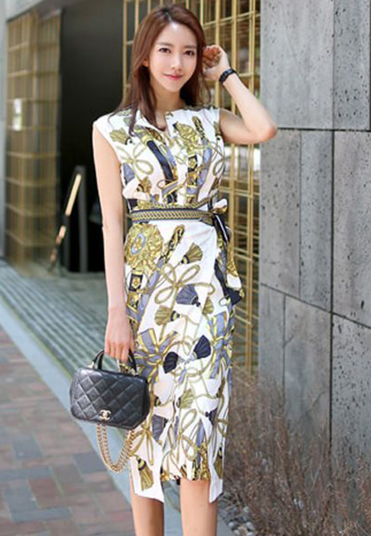 Retro print trendy lace-up hip dress