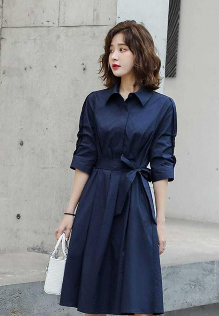 New style waist-cinching simple commuter shirt A-line dress