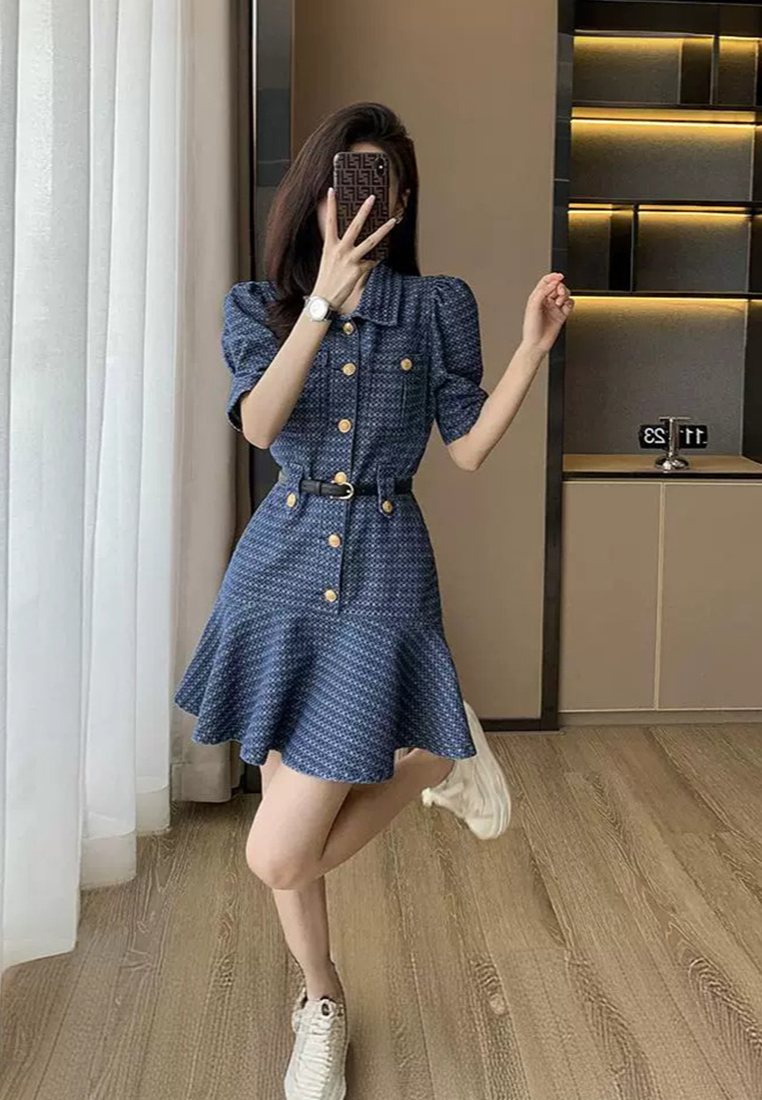 French puff sleeve belted denim dress
