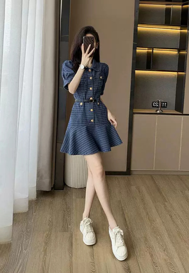 French puff sleeve belted denim dress