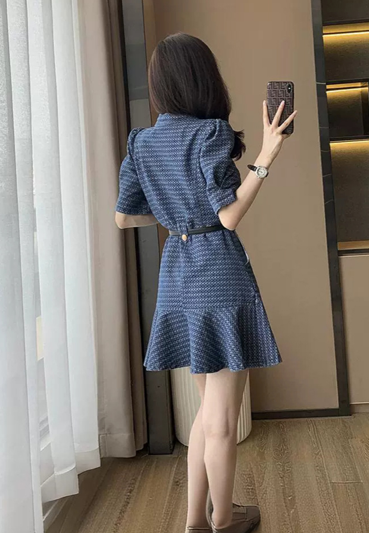 French puff sleeve belted denim dress