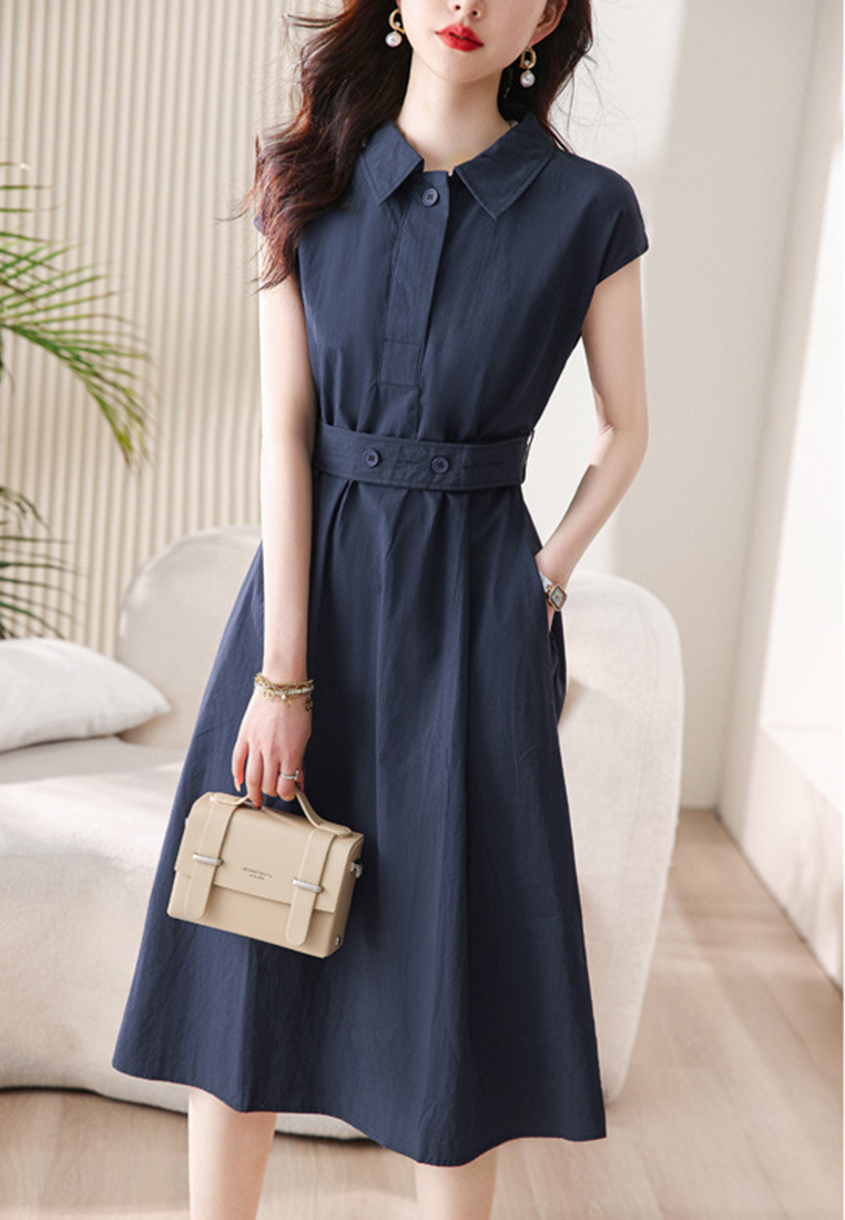 French Polo collar shirt hip-covering lace-up dress