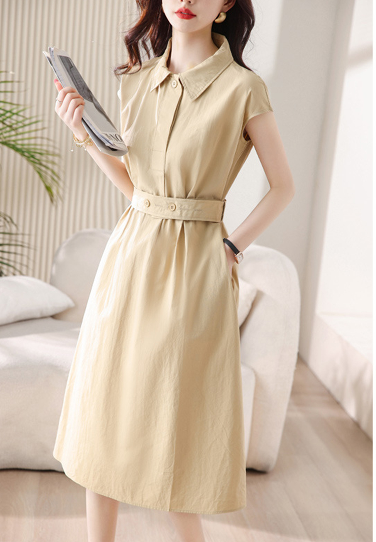 French Polo collar shirt hip-covering lace-up dress