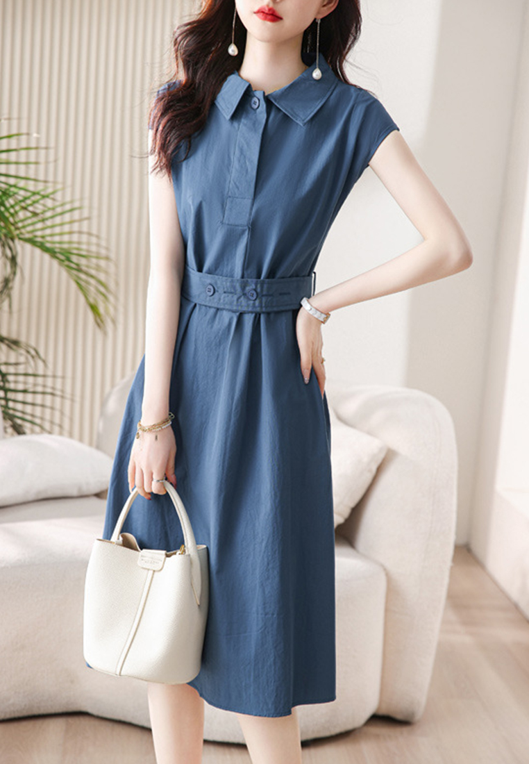 French Polo collar shirt hip-covering lace-up dress