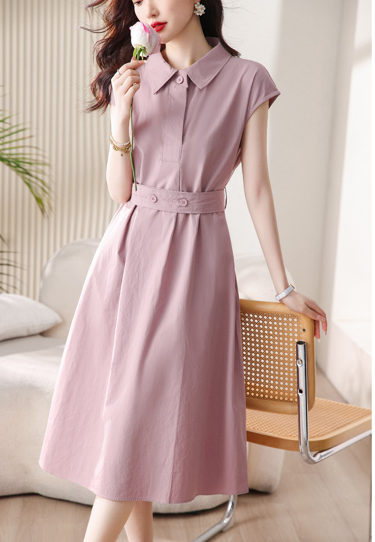 French Polo collar shirt hip-covering lace-up dress