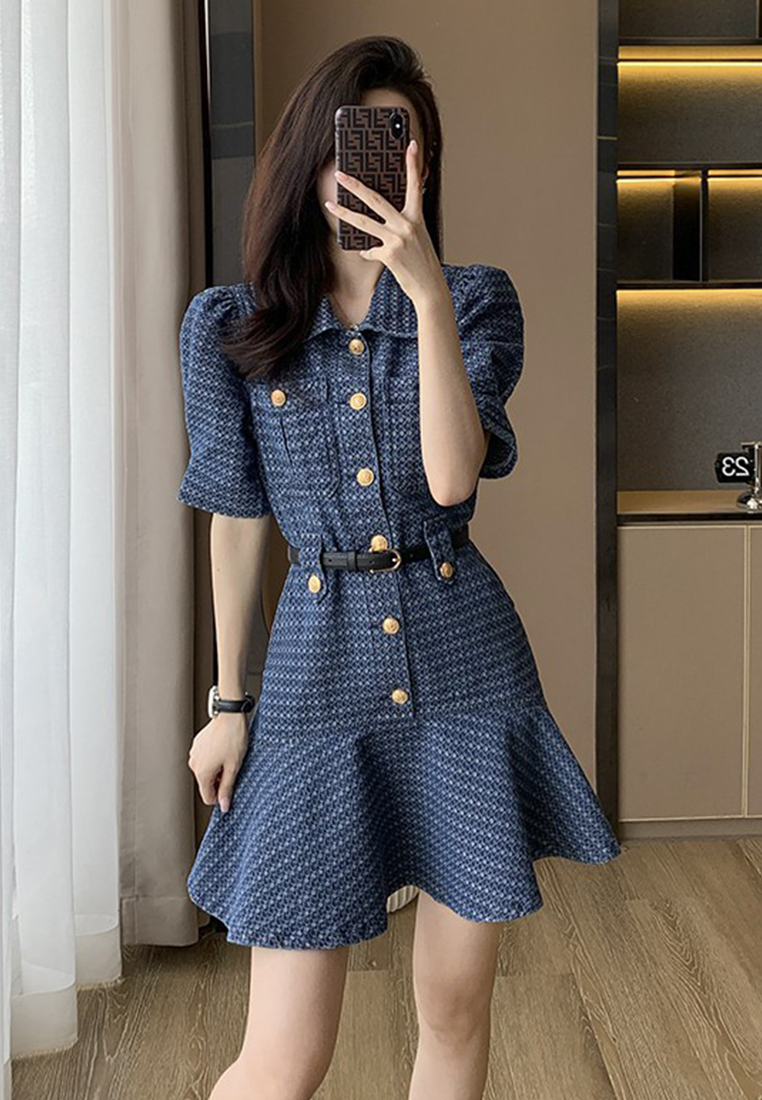 French puff sleeve belted denim dress