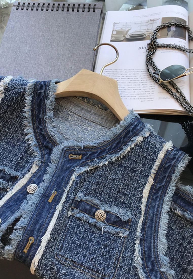 Light luxury personality retro hook flower raw edge denim vest CA110217