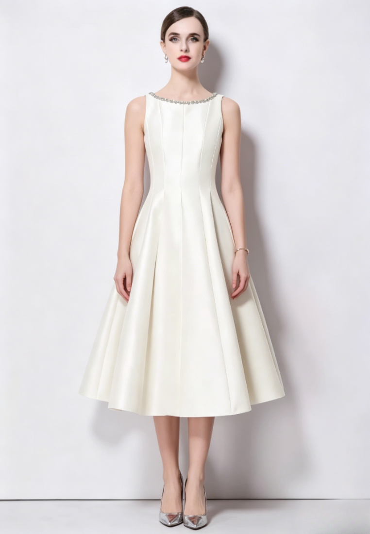 Elegant Satin A-Line Midi Cocktail Dress with Beaded Neckline K26061501