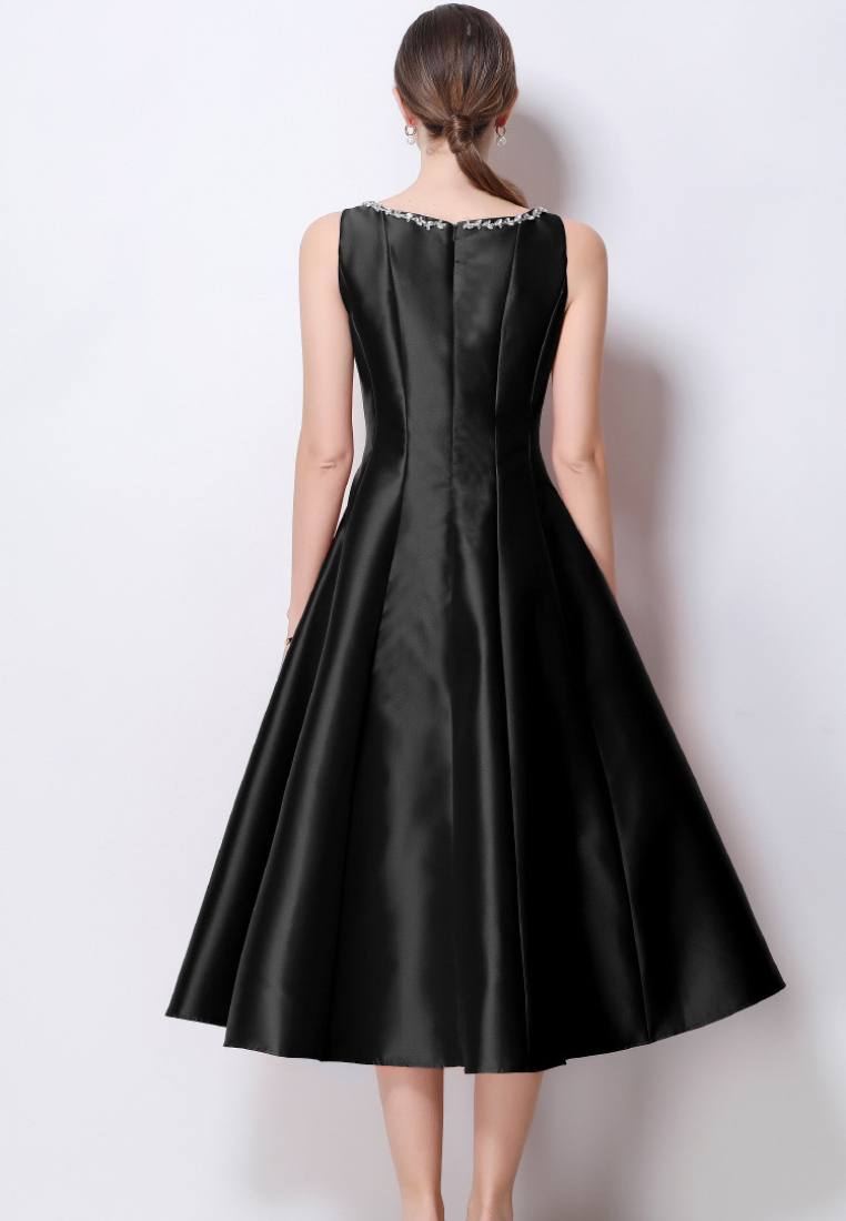 Elegant Satin A-Line Midi Cocktail Dress with Beaded Neckline K26061501