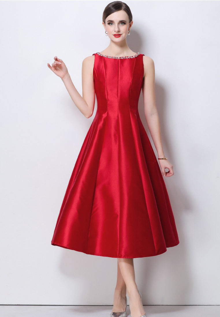 Elegant Satin A-Line Midi Cocktail Dress with Beaded Neckline K26061501