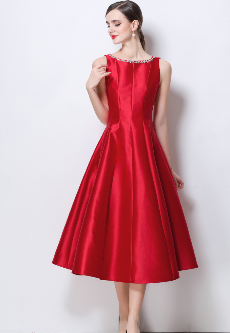 Elegant Satin A-Line Midi Cocktail Dress with Beaded Neckline K26061501