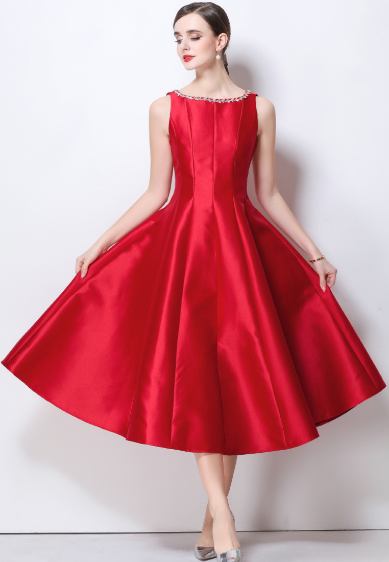 Elegant Satin A-Line Midi Cocktail Dress with Beaded Neckline K26061501